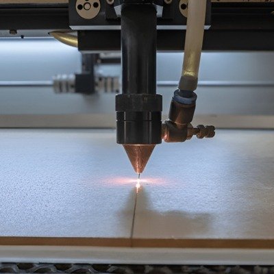A laser cutter head tracing a line across an acrylic sheet